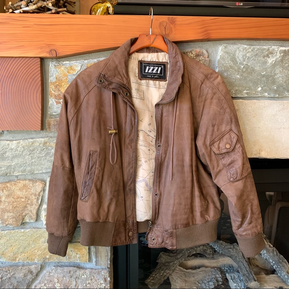 Oversized Brown Leather Bomber Jacket Medium